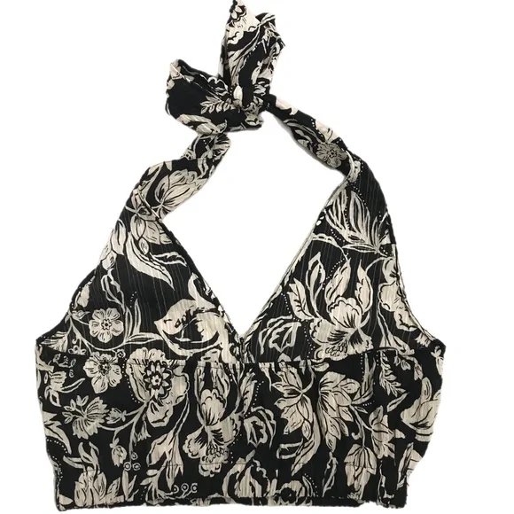Zara Black & Ivory Halter Floral Crop Top - Picture 2 of 6